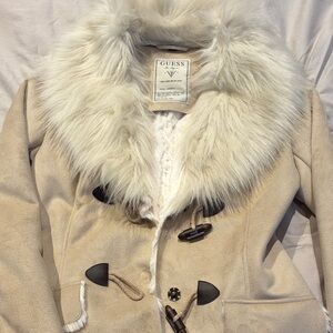 Guess Women's Cream Teddy Jacket with Faux Fur Collar